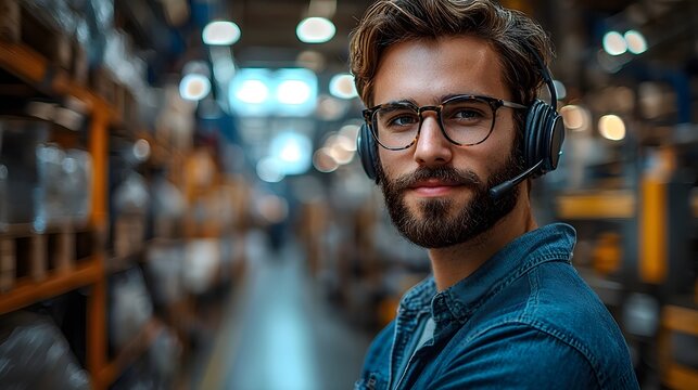 Factory worker providing efficient customer service with headset