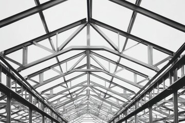 Monochrome image of a steel roof frame for construction