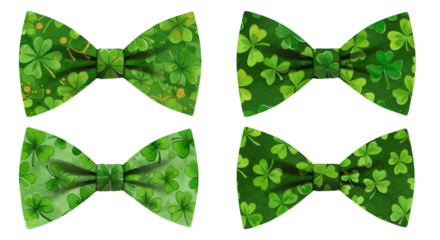 Green Bow Tie Illustration Isolated On Transparent Background With Clover Pattern