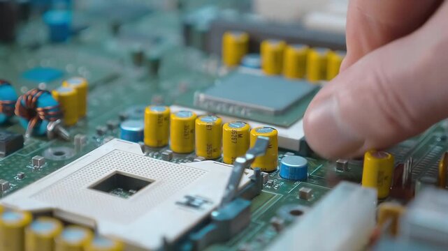 Powerful modern server computer motherboard with two processors, The hand takes the processors out of the board and then puts them back in.. Closeup. Macro. Shallow depth of field. Follow focus