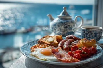 Hearty full English breakfast served seaside with tea and warm morning light
