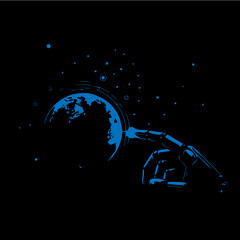 Futuristic Robotic Hand Interacting with Digital Earth