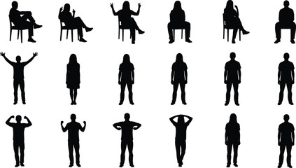 Silhouette human poses, standing, sitting, dynamic positions, isolated on white, vector illustration, posture, gesture, creative design, black figure art