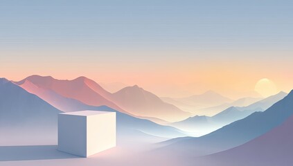 Pale cube on a misty mountain landscape