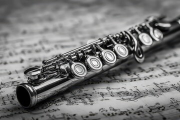 Obraz premium Monochrome picture of a flute with musical notes in the backdrop the keys are visible and the flute is angled diagonally