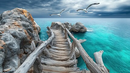 Wooden walkway over turquoise sea with dramatic sky and seagulls