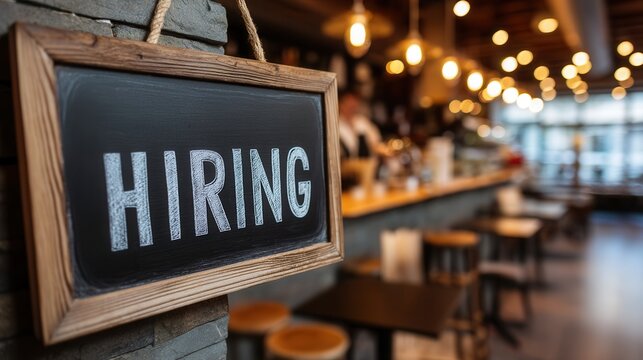Seeking Team Members chalkboard announcement in a bright and inviting Coffee Shop