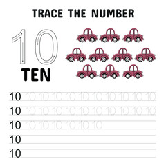 Number 10 tracing worksheet for kids featuring ten red cars, perfect for helping young learners practice counting, number writing, and early math skills.