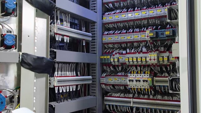 Substation local control cabinet inspection showing organized electrical wiring and panel components ensuring safety and efficient operation in industrial equipment environment