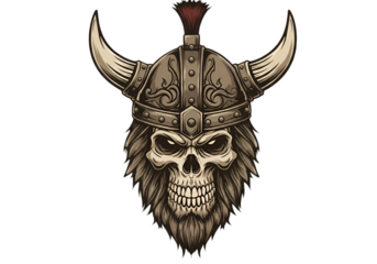 Detailed Viking Skull Illustration in Sepia Tones With Horned Helmet on Transparent Background
