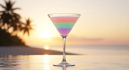 Tropical rainbow cocktail at sunset beach

