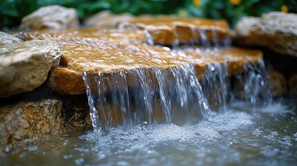 Serene cascading water flowing over rocks in a tranquil garden.
