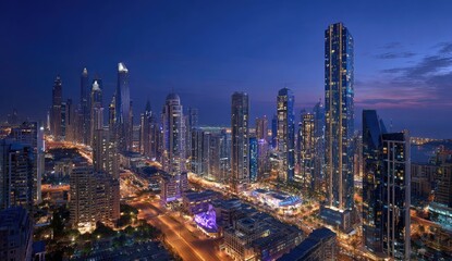 Obraz premium Aerial view of a vibrant city skyline at twilight, illuminated by numerous lights. Skyscrapers and buildings are prominent features, showcasing modern architecture