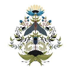 Folk floral pattern with rhinoceros beetle and moth, butterfly. Floral ornament in blue shades