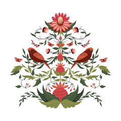 Folk floral ornament with birds. Floral ornament in pink and burgundy shades.