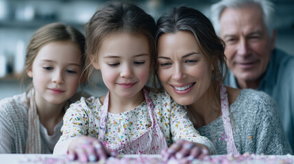 Family Bonding in the Kitchen: Capture the joy of togetherness as a family shares a tender moment crafting, with warmth and connection filling the kitchen scene.