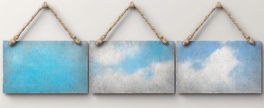 Three rectangular signs, each with a painted sky and clouds, hang from light beige-colored strings