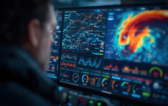 Into the eye of the storm a diligent forecaster meticulously tracks severe weather conditions with advanced technology - Powered by Adobe