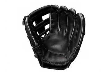 Open black leather baseball glove, isolated on a transparent background, showcasing readiness for catching during games and practices