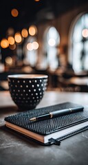 Black notebook and pen resting on a table.