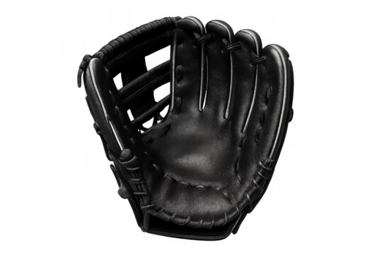 Open black leather baseball glove, isolated on a transparent background, showcasing readiness for catching during games and practices