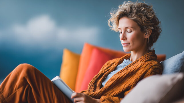 Serene Reader's Moment: A woman deeply engrossed in a book, embracing the tranquility of the moment while surrounded by colorful cushions and a view, personifying peaceful contemplation.