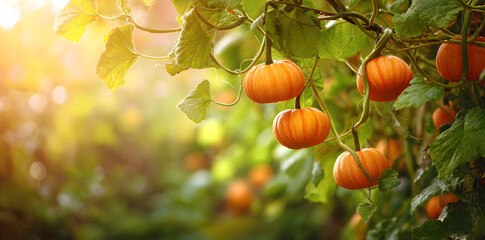 Lush Orange Pumpkins Hanging on Vines Bathed in Soft Sunrise Light in a Serene Autumn Garden