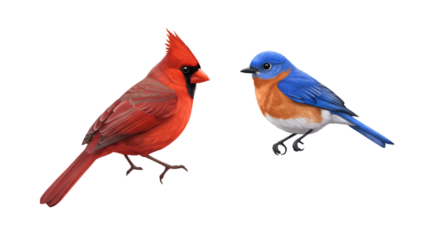Digital Illustration Of Red Cardinal And Bluebird On Transparent Background