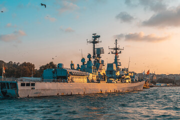 Warship sailing near istanbul in turkey during golden hour © unai