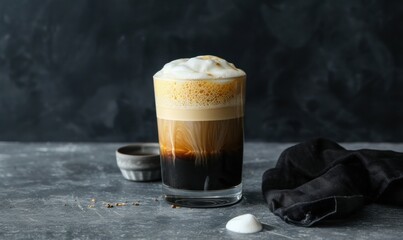 Layered coffee drink in glass with foam on textured surface background