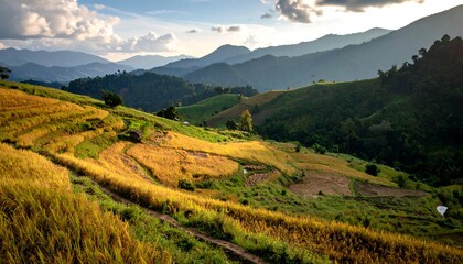 Naklejka premium Golden terraced rice fields in a mountain valley