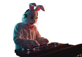 Dj Bunny Illustration With Headphones Playing Music On Stage Party Fun