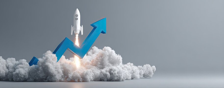 White rocket launching upward, with a blue upward trend graph, emerging from a cloud of white smoke