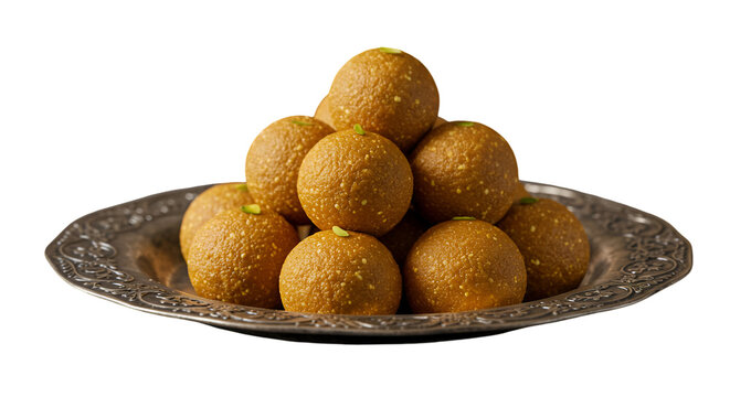 Golden Laddu Pile On Silver Plate Delicious Dessert Isolated Photo