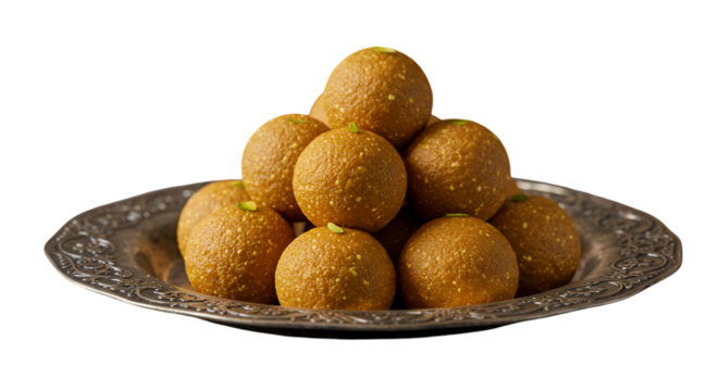 Golden Laddu Pile On Silver Plate Delicious Dessert Isolated Photo
