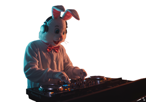 Dj Bunny Illustration With Headphones Playing Music On Stage Party Fun