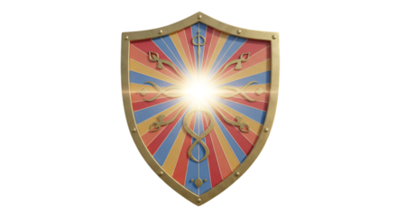 Golden Shield Illustration On Transparent Background With Sunburst Rays And Abstract Ornaments