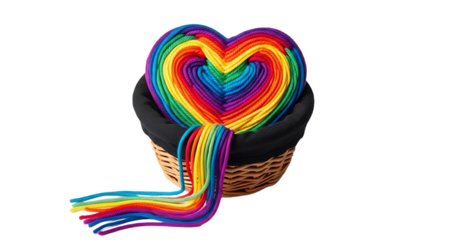 Rainbow heart made of rope in woven basket