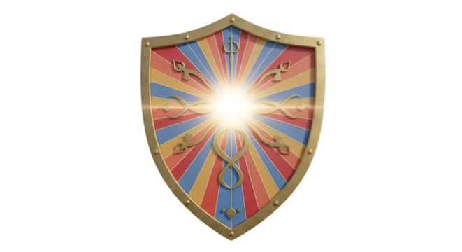 Golden Shield Illustration On Transparent Background With Sunburst Rays And Abstract Ornaments