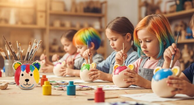 Children Painting Colorful Animal Ceramics in a Creative Studio  