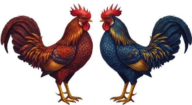 Detailed Illustration of Two Roosters with Red and Blue Feathers on Transparent Background