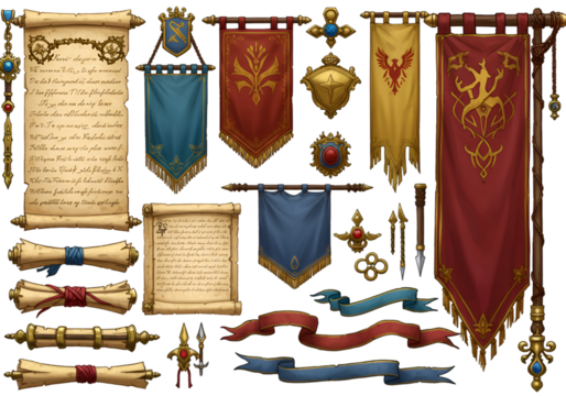 Detailed Illustration of Medieval Banners Scrolls and Gold Decorations