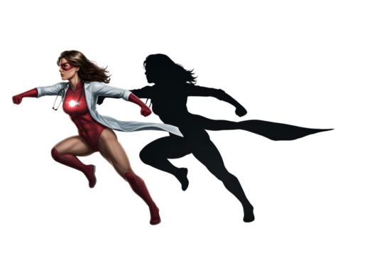 Dynamic Superhero Doctor Illustration Running in Red and White Outfit