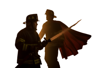 Firefighter Hero Silhouette With Flame and Red Cape Isolated Photo