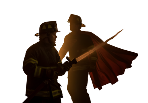 Firefighter Hero Silhouette With Flame and Red Cape Isolated Photo