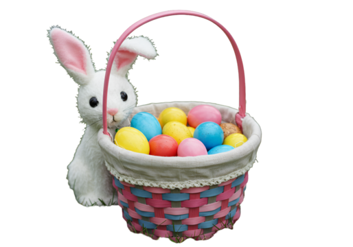 Easter Bunny Illustration With Basket Of Colorful Eggs Against Transparent Background
