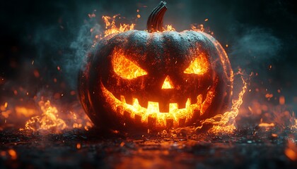 Jack O Lantern Halloween pumpkin glowing with fire and smoke flames