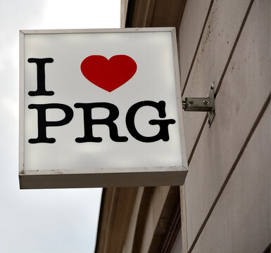 I love prague sign hanging on building facade