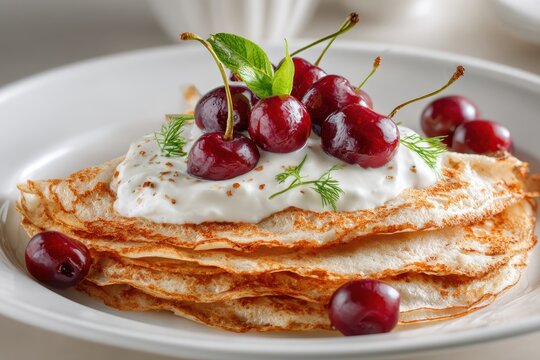 Served with yogurt and cherry delicate pancakes