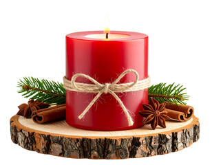 Rustic Christmas Candle on Wooden Log with Cinnamon Sticks, isolated on transparent background PNG